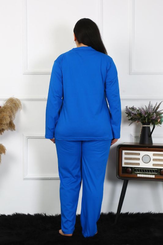 Moda Çizgi Kadın Büyük Beden Pamuklu Cepli Düğmeli Saks Pijama Takım 202401 - 3