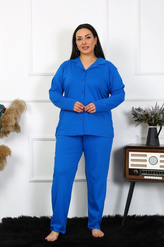 Moda Çizgi Kadın Büyük Beden Pamuklu Cepli Düğmeli Saks Pijama Takım 202401 - 4