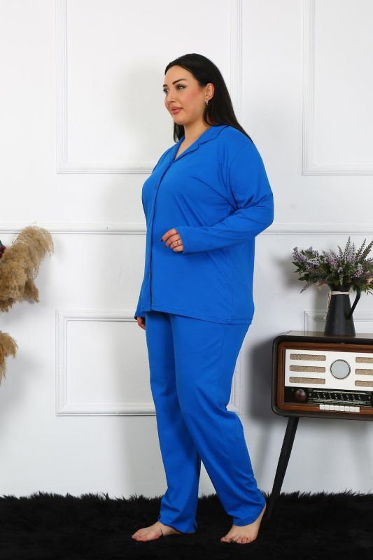 Moda Çizgi Kadın Büyük Beden Pamuklu Cepli Düğmeli Saks Pijama Takım 202401 - 5