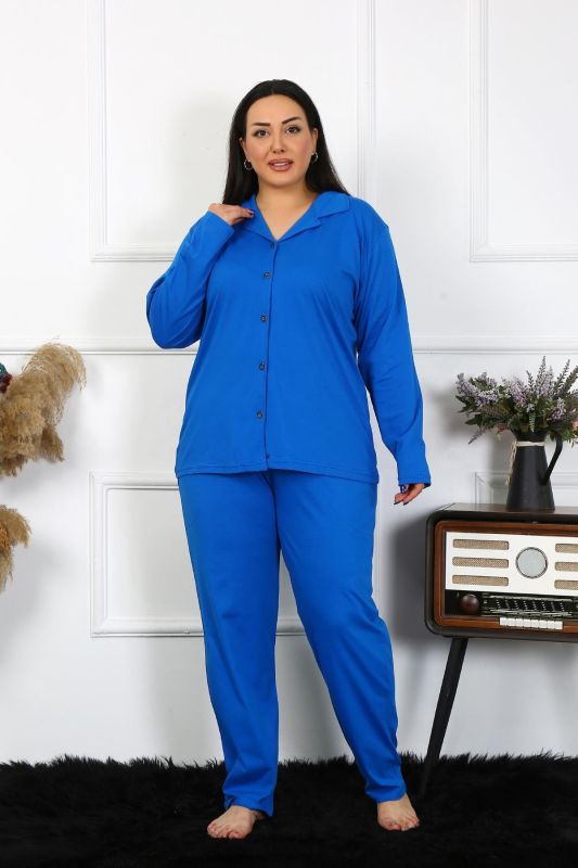 Moda Çizgi Kadın Büyük Beden Pamuklu Cepli Düğmeli Saks Pijama Takım 202401 - 6