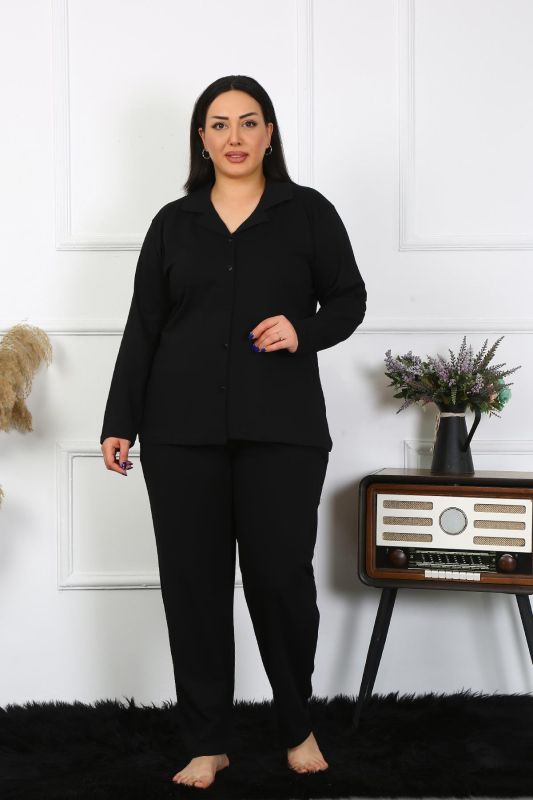 Moda Çizgi Kadın Büyük Beden Pamuklu Cepli Düğmeli Siyah Pijama Takım 202401 - 1