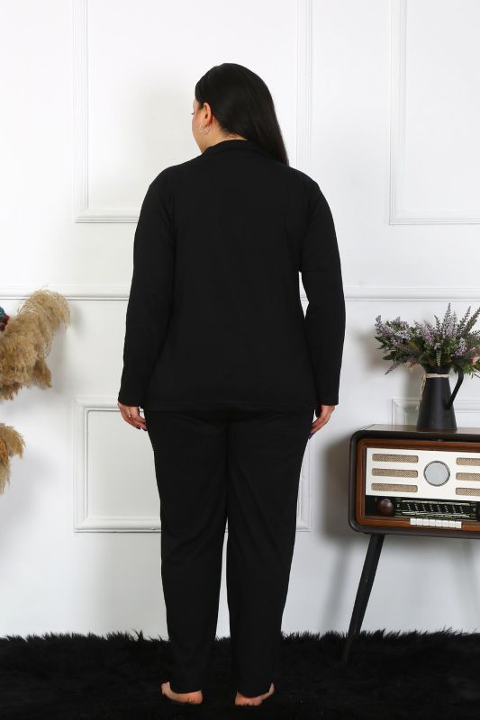 Moda Çizgi Kadın Büyük Beden Pamuklu Cepli Düğmeli Siyah Pijama Takım 202401 - 2