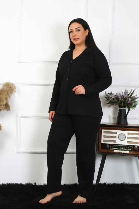 Moda Çizgi Kadın Büyük Beden Pamuklu Cepli Düğmeli Siyah Pijama Takım 202401 - 3