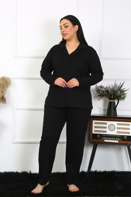 Moda Çizgi Kadın Büyük Beden Pamuklu Cepli Düğmeli Siyah Pijama Takım 202401 - 4