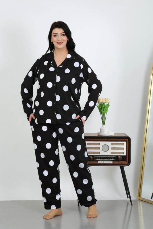 Moda Çizgi Kadın Büyük Beden Pamuklu Cepli Düğmeli Siyah Pijama Takım 202504 - 1