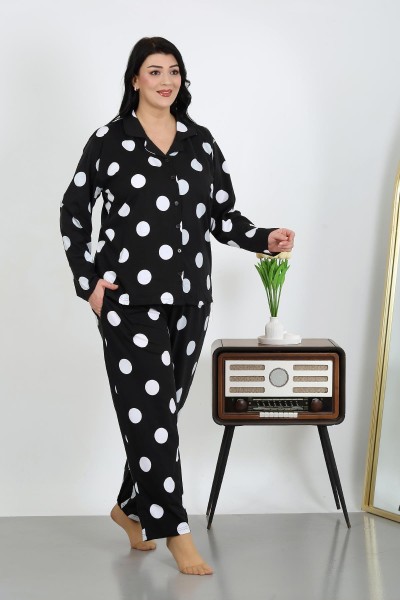 Moda Çizgi Kadın Büyük Beden Pamuklu Cepli Düğmeli Siyah Pijama Takım 202504 - Thumbnail