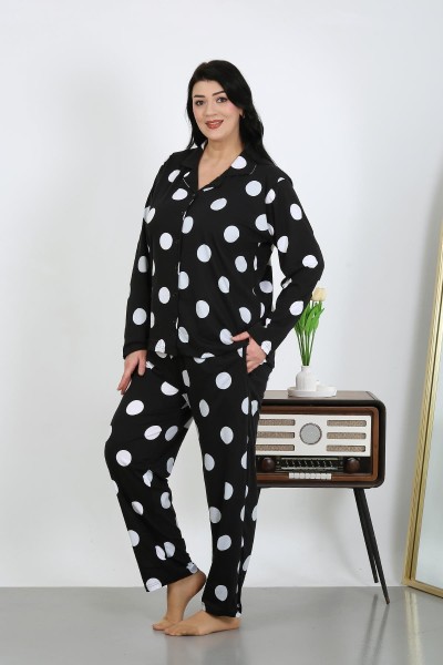 Moda Çizgi Kadın Büyük Beden Pamuklu Cepli Düğmeli Siyah Pijama Takım 202504 - Thumbnail