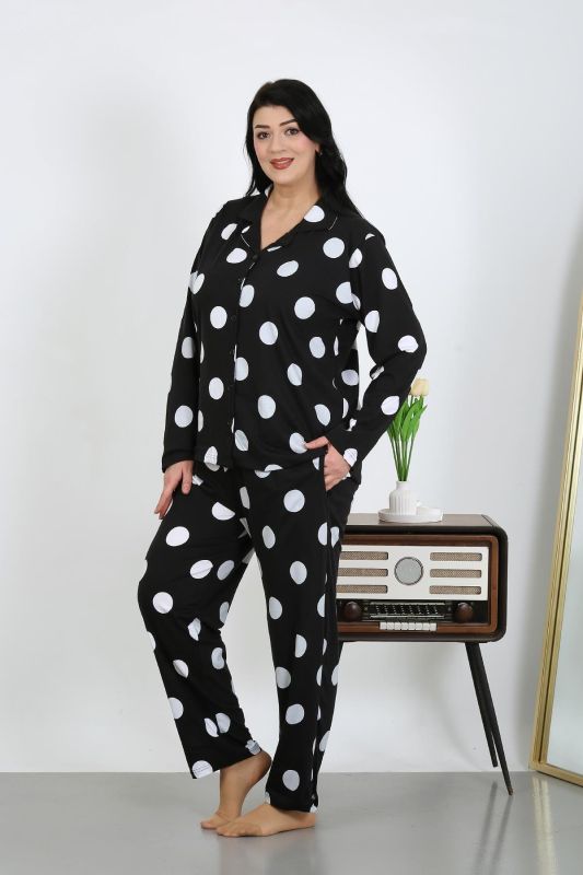 Moda Çizgi Kadın Büyük Beden Pamuklu Cepli Düğmeli Siyah Pijama Takım 202504 - 3