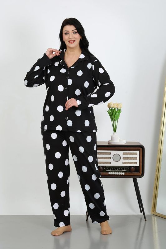 Moda Çizgi Kadın Büyük Beden Pamuklu Cepli Düğmeli Siyah Pijama Takım 202504 - 4