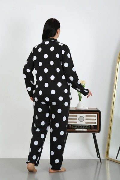 Moda Çizgi Kadın Büyük Beden Pamuklu Cepli Düğmeli Siyah Pijama Takım 202504 - Thumbnail