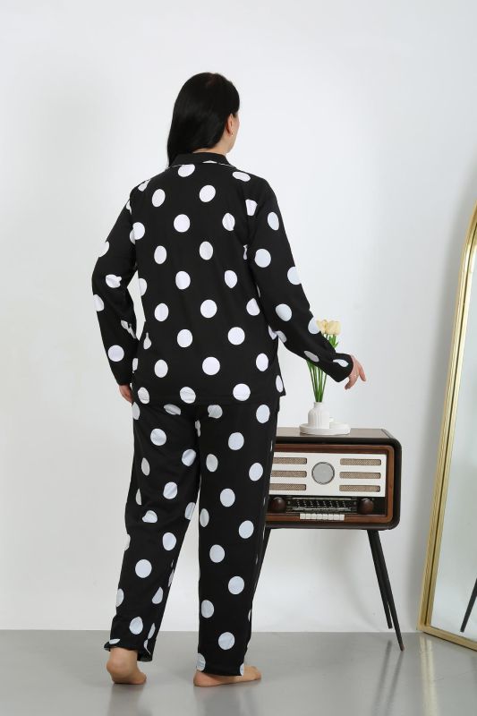 Moda Çizgi Kadın Büyük Beden Pamuklu Cepli Düğmeli Siyah Pijama Takım 202504 - 5