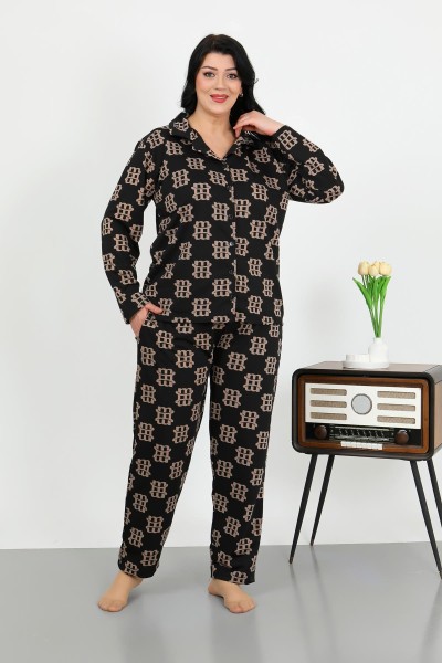  - Moda Çizgi Kadın Büyük Beden Pamuklu Cepli Düğmeli Siyah Pijama Takım 202506