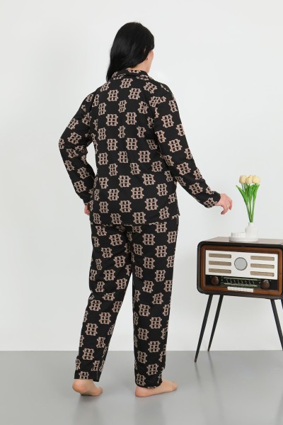 Moda Çizgi Kadın Büyük Beden Pamuklu Cepli Düğmeli Siyah Pijama Takım 202506 - Thumbnail