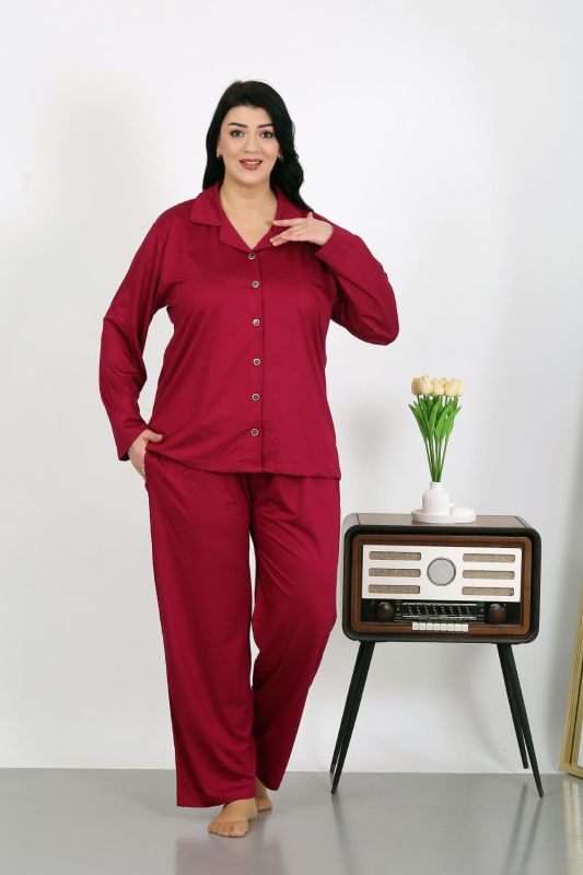 Moda Çizgi Kadın Büyük Beden Pamuklu Cepli Düğmeli Vişne Pijama Takım 202504 - 1