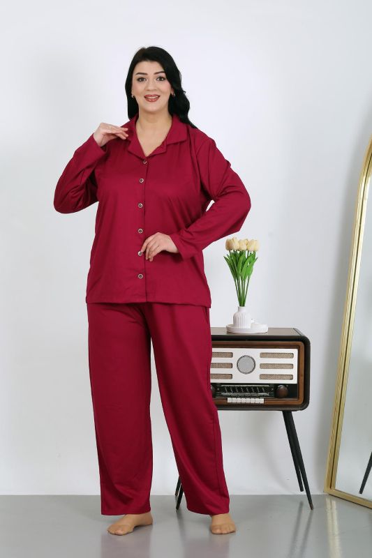 Moda Çizgi Kadın Büyük Beden Pamuklu Cepli Düğmeli Vişne Pijama Takım 202504 - 2