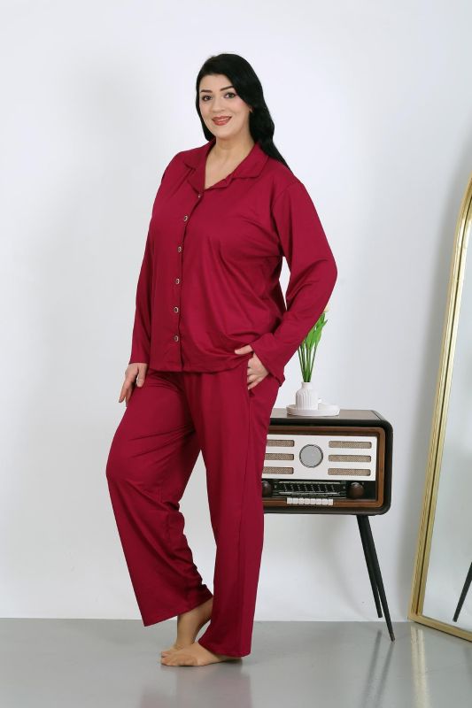 Moda Çizgi Kadın Büyük Beden Pamuklu Cepli Düğmeli Vişne Pijama Takım 202504 - 3