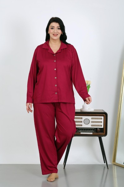 Moda Çizgi Kadın Büyük Beden Pamuklu Cepli Düğmeli Vişne Pijama Takım 202504 - Thumbnail
