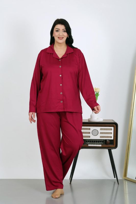 Moda Çizgi Kadın Büyük Beden Pamuklu Cepli Düğmeli Vişne Pijama Takım 202504 - 4