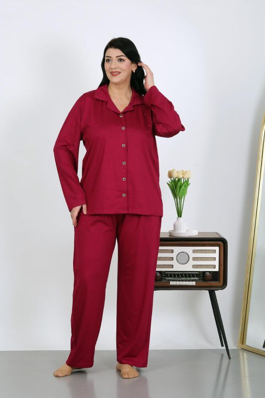 Moda Çizgi Kadın Büyük Beden Pamuklu Cepli Düğmeli Vişne Pijama Takım 202504 - 6