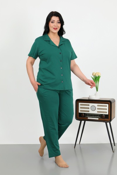 Moda Çizgi Kadın Büyük Beden Pamuklu Cepli Düğmeli ZümrütYeşili Pijama Takım 202507 - Thumbnail