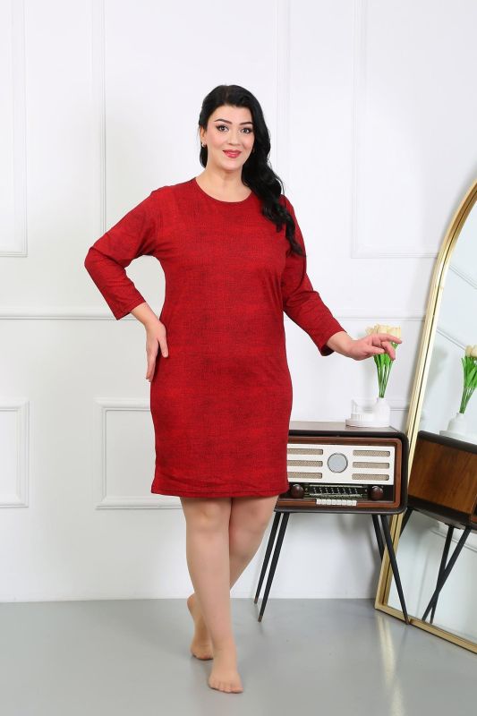 Moda Çizgi Kadın Büyük Beden Penye Gecelik Ev Elbisesi Kırmızı 12507 - 5