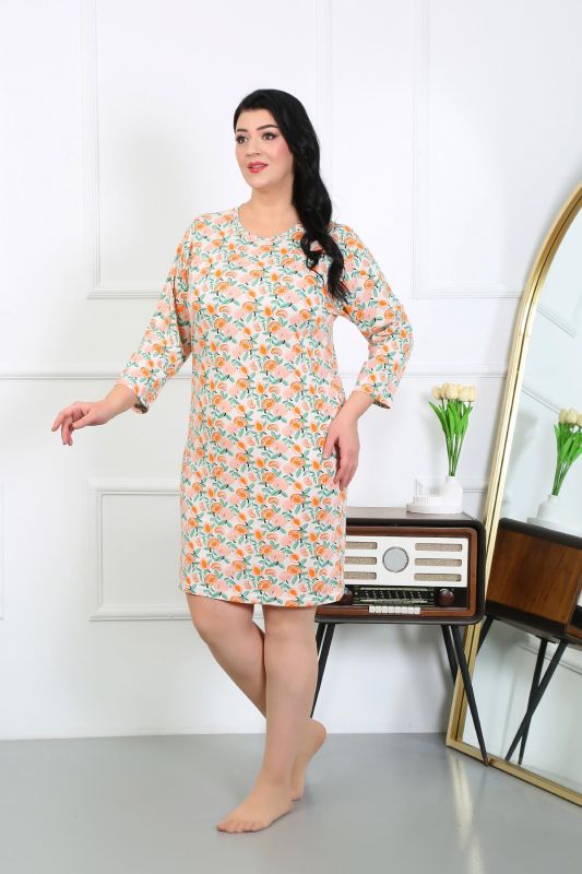 Moda Çizgi Kadın Büyük Beden Penye Gecelik Ev Elbisesi Krem 12507 - 2