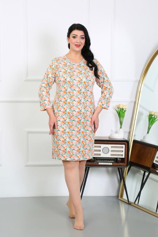 Moda Çizgi Kadın Büyük Beden Penye Gecelik Ev Elbisesi Krem 12507 - 3