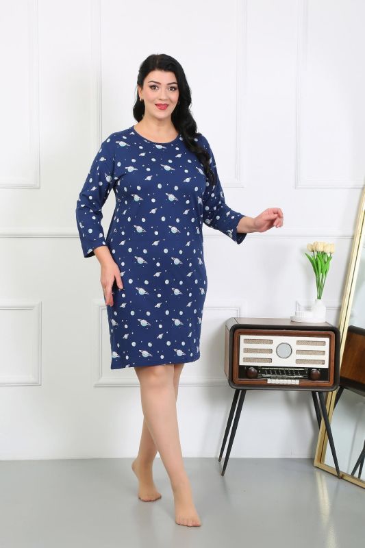 Moda Çizgi Kadın Büyük Beden Penye Gecelik Ev Elbisesi Lacivert 12507 - 1