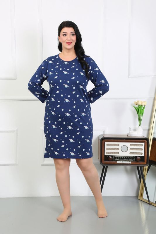 Moda Çizgi Kadın Büyük Beden Penye Gecelik Ev Elbisesi Lacivert 12507 - 4