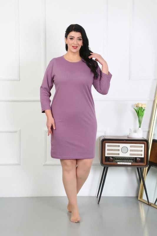 Moda Çizgi Kadın Büyük Beden Penye Gecelik Ev Elbisesi Mürdüm 12506 - 4