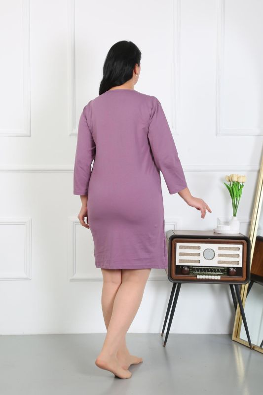 Moda Çizgi Kadın Büyük Beden Penye Gecelik Ev Elbisesi Mürdüm 12506 - 5