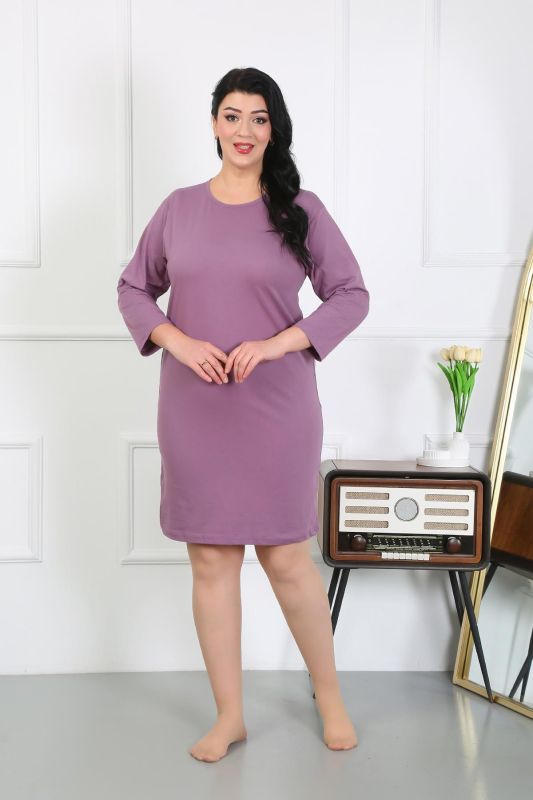 Moda Çizgi Kadın Büyük Beden Penye Gecelik Ev Elbisesi Mürdüm 12506 - 6