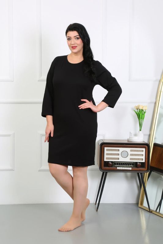 Moda Çizgi Kadın Büyük Beden Penye Gecelik Ev Elbisesi Siyah 12506 - 4