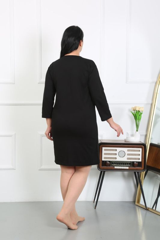 Moda Çizgi Kadın Büyük Beden Penye Gecelik Ev Elbisesi Siyah 12506 - 5