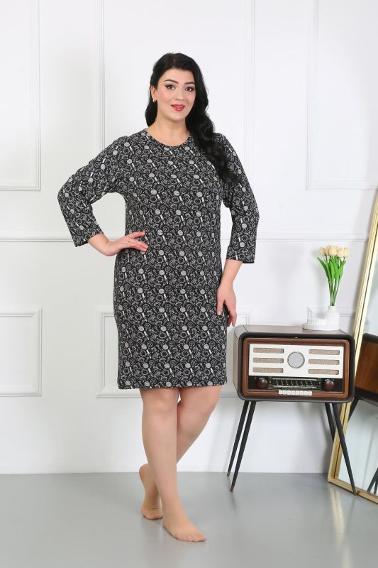 Moda Çizgi Kadın Büyük Beden Penye Gecelik Ev Elbisesi Siyah 12507 - 2