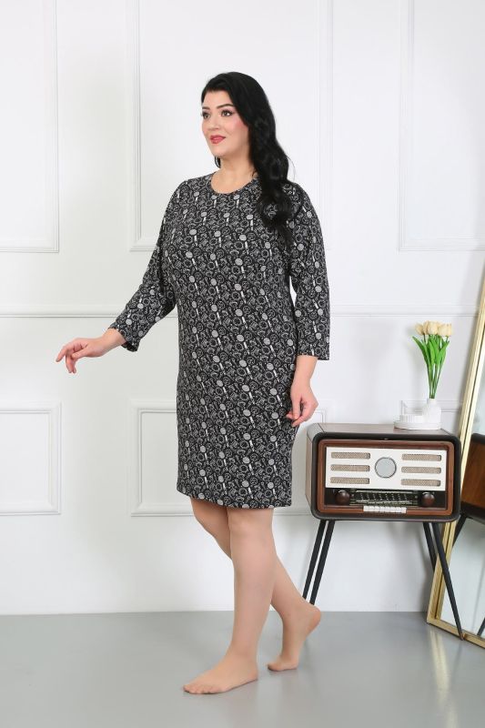 Moda Çizgi Kadın Büyük Beden Penye Gecelik Ev Elbisesi Siyah 12507 - 3