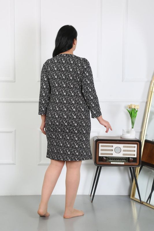Moda Çizgi Kadın Büyük Beden Penye Gecelik Ev Elbisesi Siyah 12507 - 4