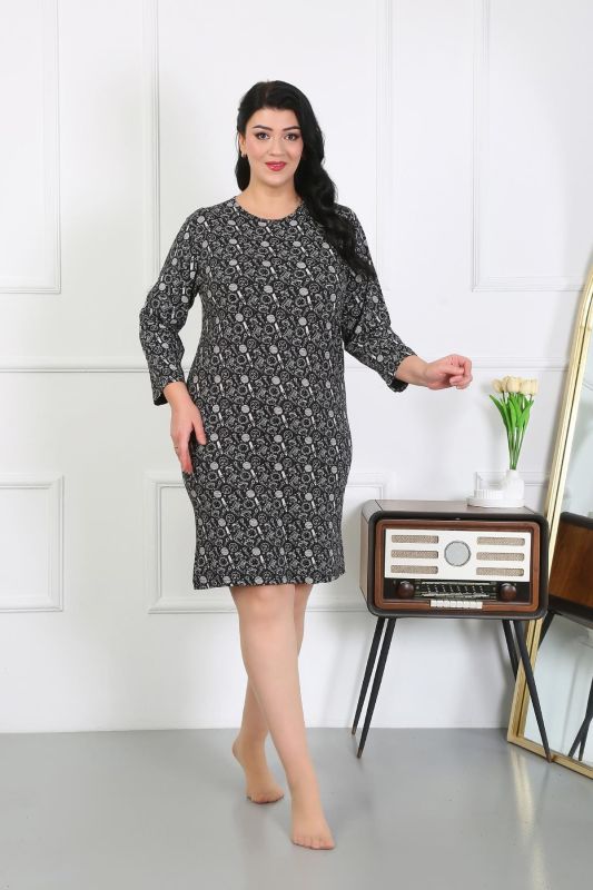 Moda Çizgi Kadın Büyük Beden Penye Gecelik Ev Elbisesi Siyah 12507 - 5
