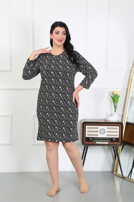 Moda Çizgi Kadın Büyük Beden Penye Gecelik Ev Elbisesi Siyah 12507 - 6