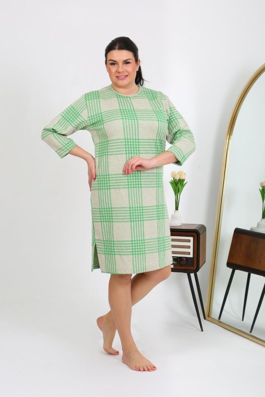 Moda Çizgi Kadın Büyük Beden Penye Gecelik Ev Elbisesi Yeşil 12508 - 1