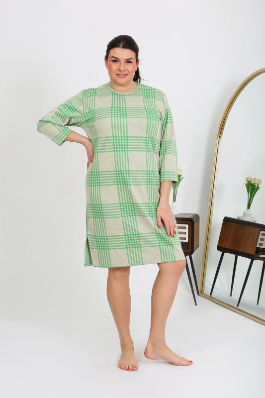 Moda Çizgi Kadın Büyük Beden Penye Gecelik Ev Elbisesi Yeşil 12508 - 3