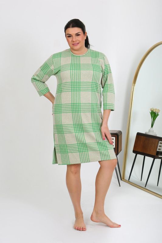 Moda Çizgi Kadın Büyük Beden Penye Gecelik Ev Elbisesi Yeşil 12508 - 5
