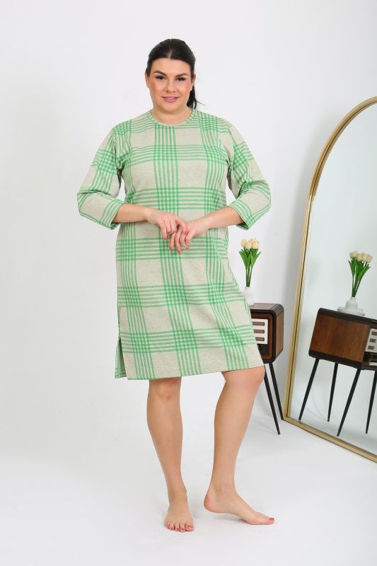 Moda Çizgi Kadın Büyük Beden Penye Gecelik Ev Elbisesi Yeşil 12508 - 6