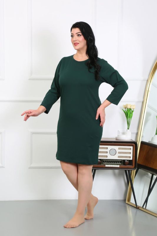Moda Çizgi Kadın Büyük Beden Penye Gecelik Ev Elbisesi Zümrüt Yeşili 12506 - 1