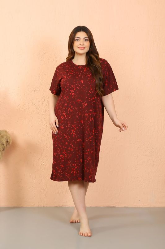 Moda Çizgi Kadın Büyük Beden Penye Kısa Kol Bordo Gecelik 12503 - 5