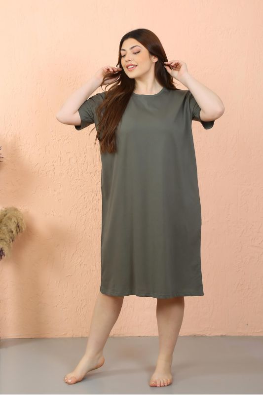 Moda Çizgi Kadın Büyük Beden Penye Kısa Kol Haki Gecelik 12502 - 1