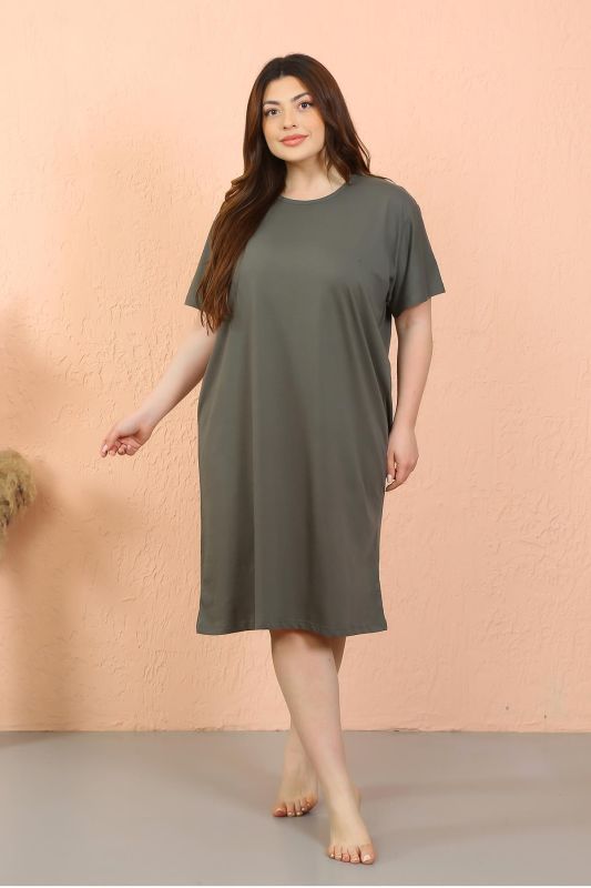 Moda Çizgi Kadın Büyük Beden Penye Kısa Kol Haki Gecelik 12502 - 5