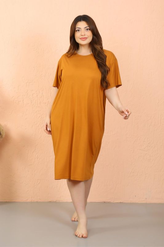 Moda Çizgi Kadın Büyük Beden Penye Kısa Kol Hardal Gecelik 12502 - 3