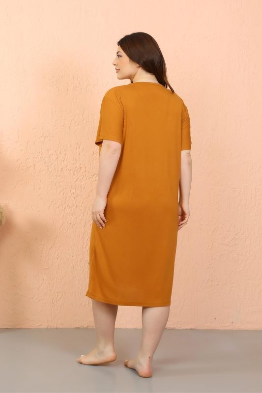 Moda Çizgi Kadın Büyük Beden Penye Kısa Kol Hardal Gecelik 12502 - 6