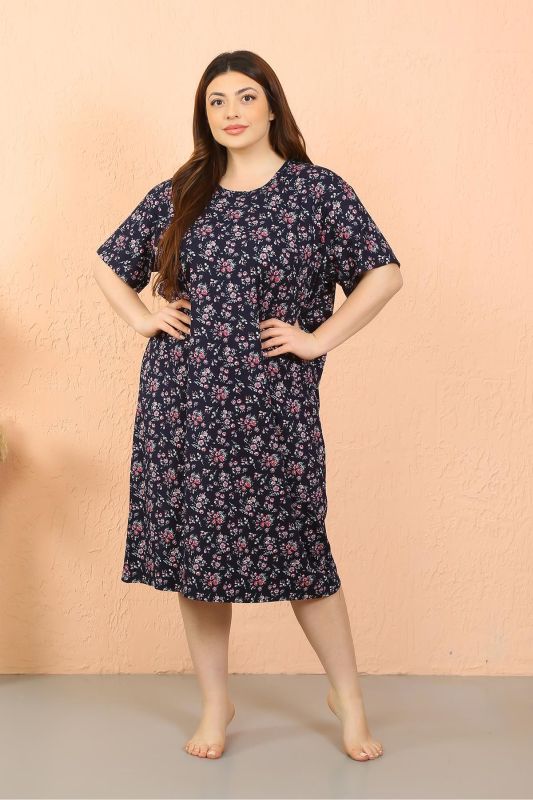 Moda Çizgi Kadın Büyük Beden Penye Kısa Kol Lacivert Gecelik 12503 - 1